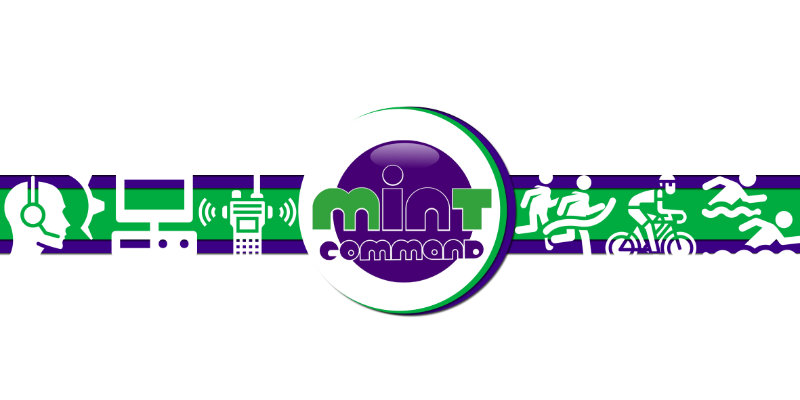 A Mint Command logo sits boldly at the centre, surrounded by sleek icons of a headset, computer, phone, runners, cyclists, and swimmers—all set against a striking green and purple striped background.