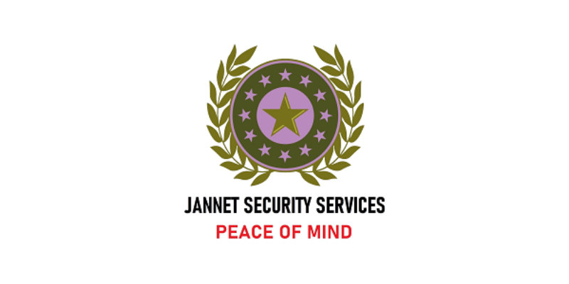 A circular security logo with a star and laurel wreath, representing a trusted security company. Below, the text reads “Jannet Security Services” and “Peace of Mind” in red, reflecting the dedication to exceptional security services.