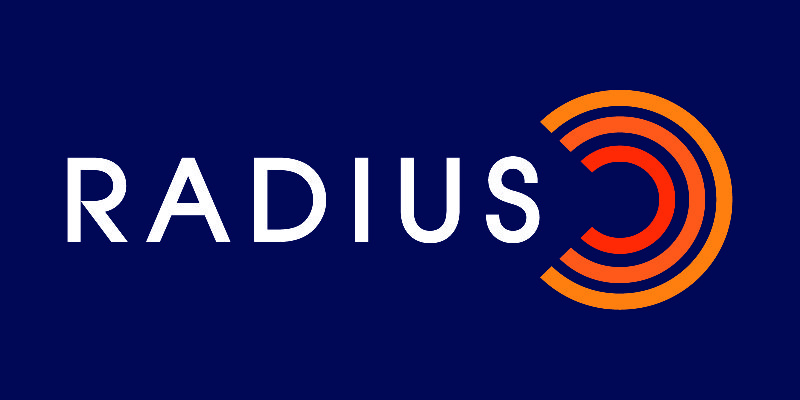 The word RADIUS with concentric orange and red arcs forming a partial circle in place of the letter C on a dark blue background.
