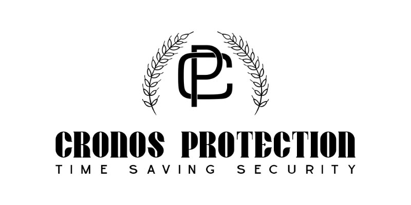 Black Cronos Protection logo with stylised CP monogram, laurel branches, and the tagline Time Saving Security on a white background—representing premium security services and innovative protection solutions.
