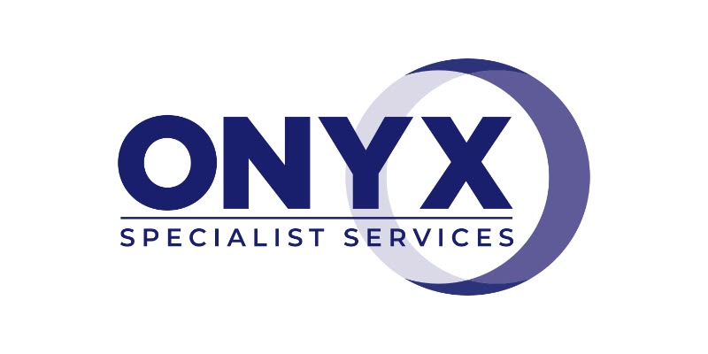 Logo with the words ONYX Specialist Services in blue, accompanied by a large outlined circle partially overlapping the text on a white background, perfectly representing the professionalism and expertise of specialist services.