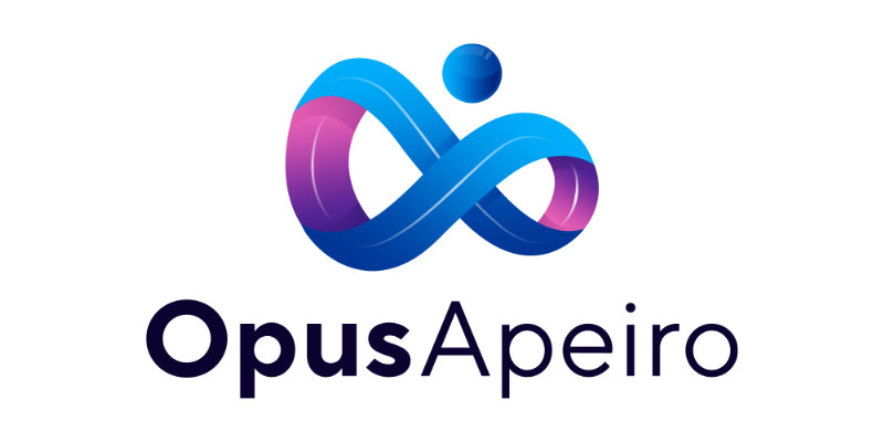 Logo for Opus Apeiro featuring a stylised infinity symbol in blue and purple gradients, with the brand name Opus Apeiro written below in black and dark blue text.
