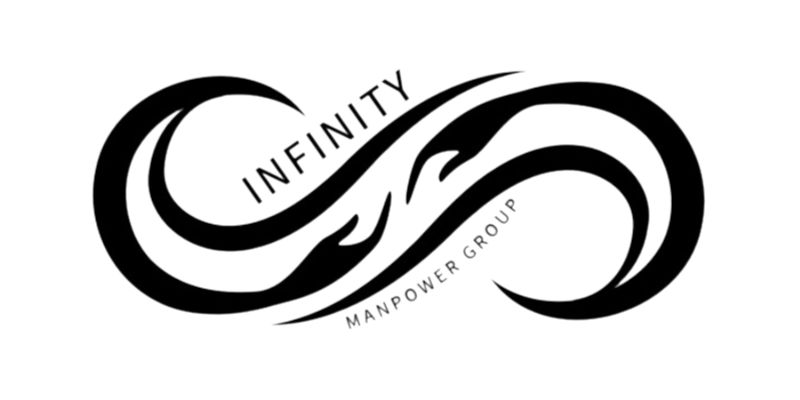 Black and white infinity symbol with stylised hands and the words Infinity Manpower Group incorporated into the design, representing a trusted manpower agency committed to connecting talent with opportunity.