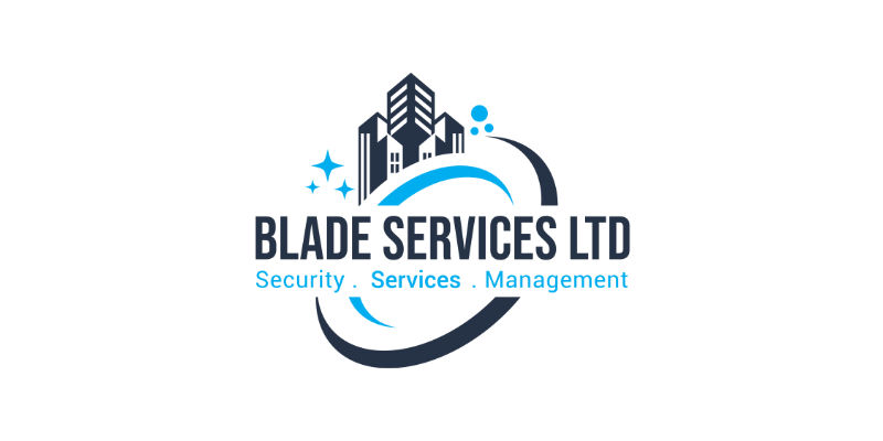 Logo for Blade Services Ltd featuring stylised buildings, stars, and curved swooshes. The design highlights the name Blade Services Ltd: Security, Services, Management in bold blue and black fonts.