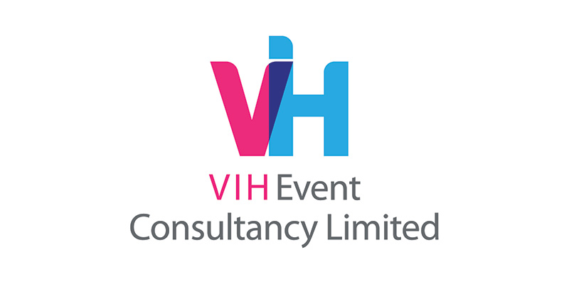 Logo for VIH Event Consultancy Limited, an event management company, featuring large, overlapping pink V and blue H letters above the company name in grey and pink text on a white background.