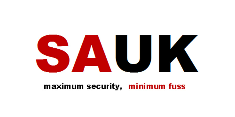 Logo with the letters SAUK in bold; “SA” and “minimum fuss” in red, “UK” and “maximum security” in black. Slogan reads: maximum security, minimum fuss. Perfect for Security Alert UK or any provider of expert UK security services seeking a modern, impactful identity.